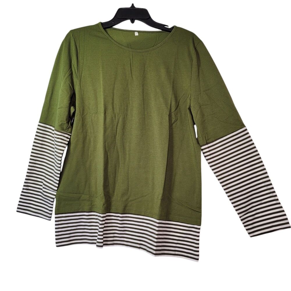 Women  Round Neck Green Olive Striped Trim Pullover Long Sleeve Top Size Large